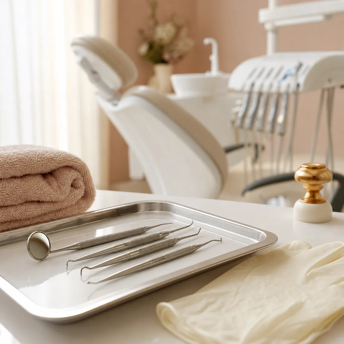 Clean dental scaling tools arranged in a clinic