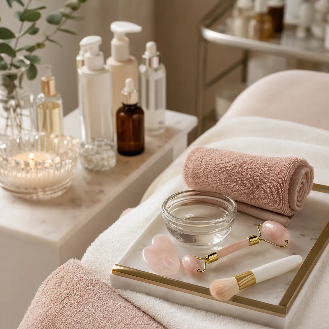 Facial care setup with clean towels and skincare tools